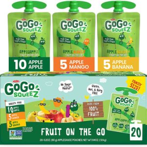 GoGo squeeZ Fruit on the Go Variety Pack, Apfelapfel, Apfelbanane & Apfelmango, 3,2 Unzen (20 Beutel) – leckere Kinder-Äpfelauce-Snacks – glutenfreie Snacks für Kinder – Nuss- & Molkereifrei – vegane Snacks