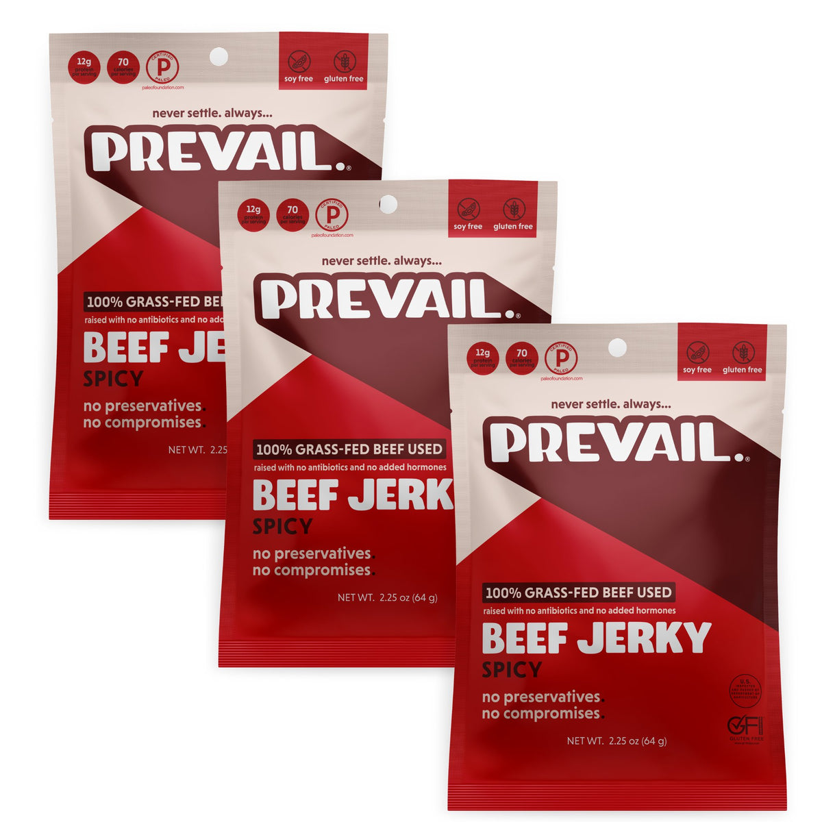 Prevail Jerky scharf Rindfleisch Jerky, 100% Gras gefüttert – 3 Beutel x 2,25 oz