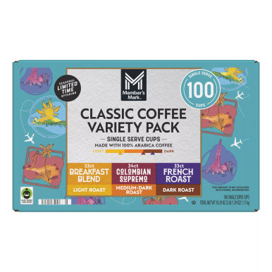 Member's Mark Klassisch Kaffee Sortiment Packung, 100 Single Serve Tassen, hell bis dunkel geröstet, Frühstücksmischung, kolumbianischer Supremo, französischer Braten