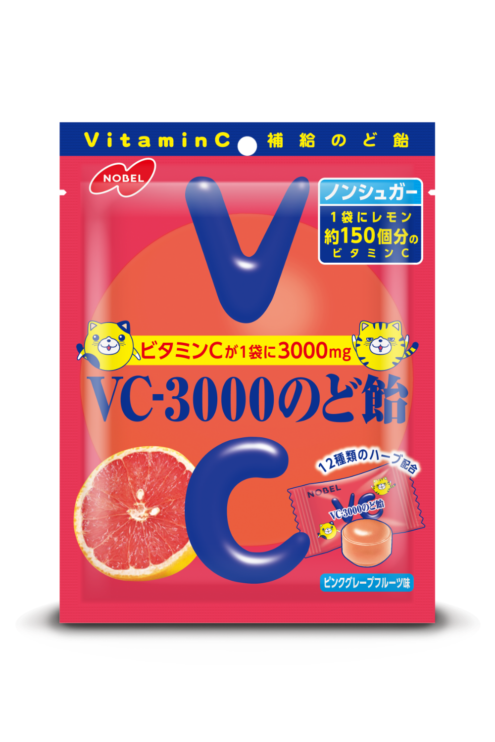 Nobel, VC-3000 Nodoame, Rosa Grapefruits Geschmack hart Süßigkeiten, 90g