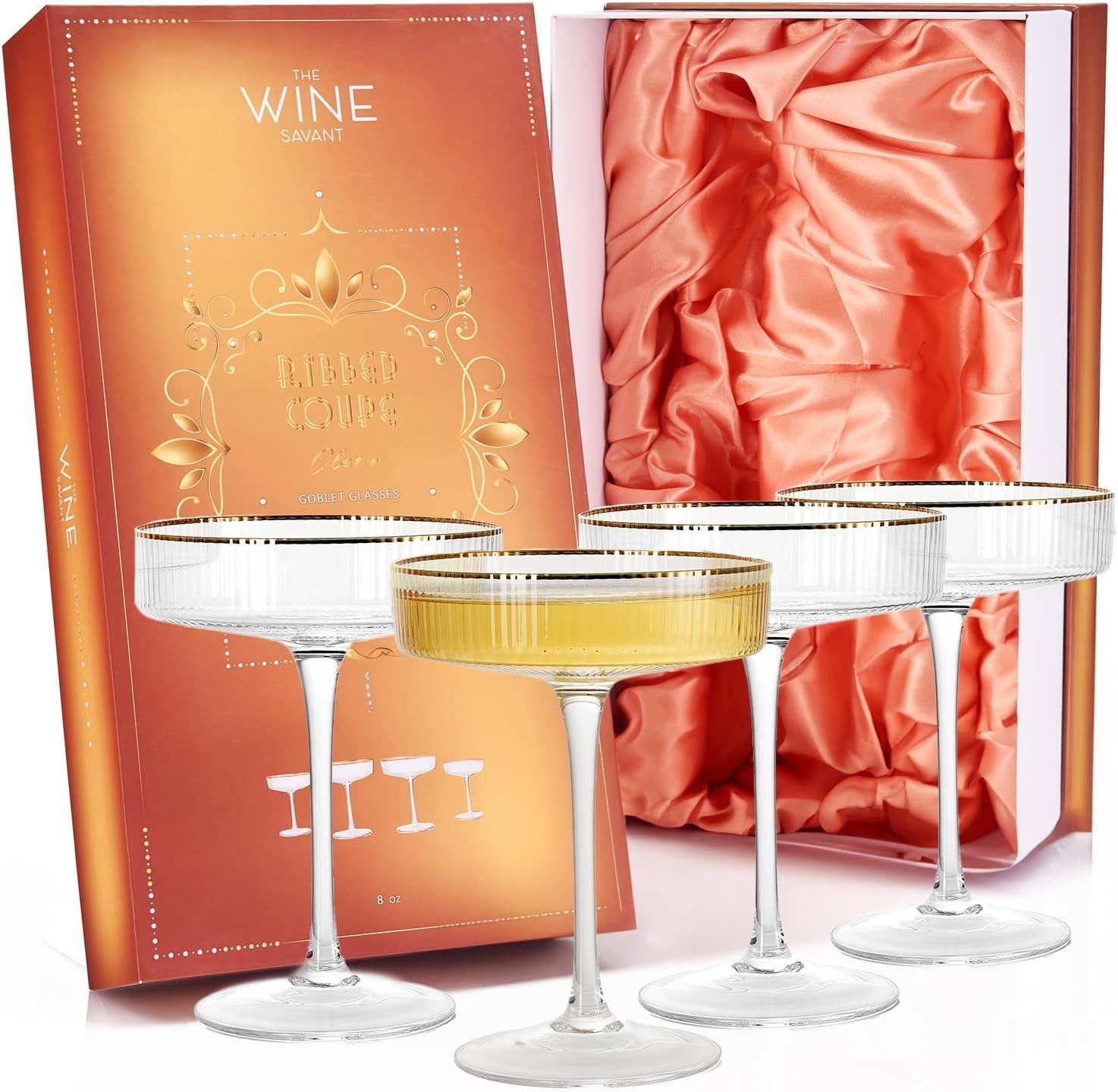 Die Wine Savant - Art Deco Vergoldete Kristall Coupe Brille, gerippt – Set o