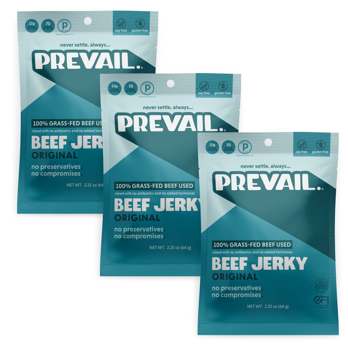 Prevail Jerky Rindfleisch Jerky, Original 100% Gras Fed – 3 Beutel x 2,25 oz