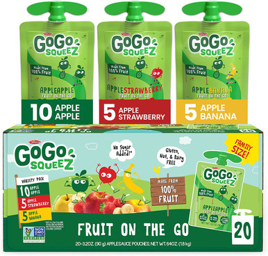 GoGo squeeZ Frucht on the Go Sortiment Packung, Apfel Apfel, Apfel Banane, & Apfel Erdbeere, 3,2 Unzen (20 Beutel) – Leckere Kinder Apfelsauce Snacks, Glutenfreie Snacks, Nut & milchfrei, Vegan