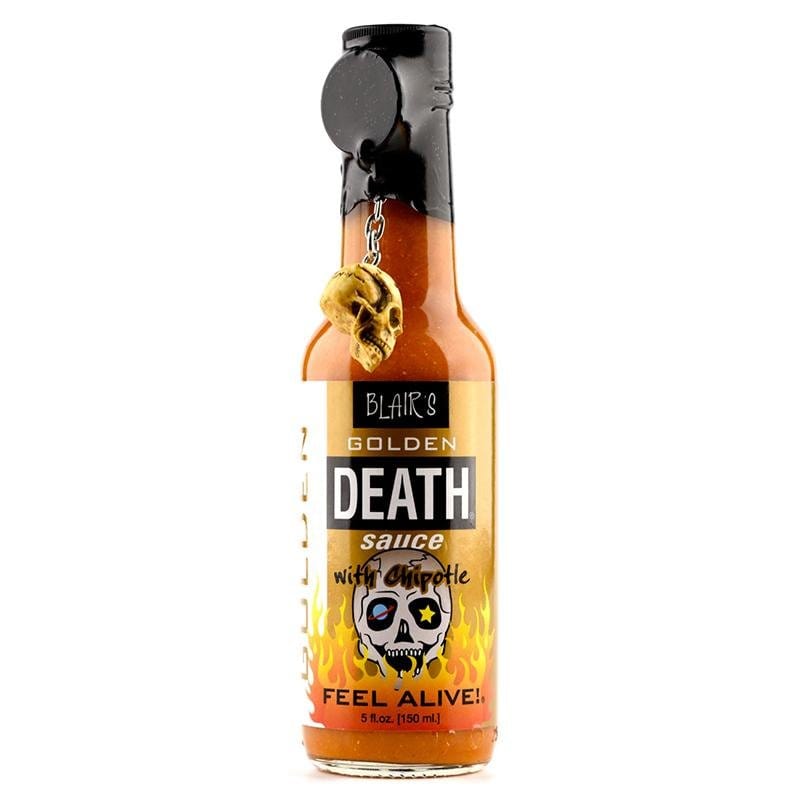 Blairs goldene Todessauce mit Chipotle und Totenkopf Schlüsselanhänger