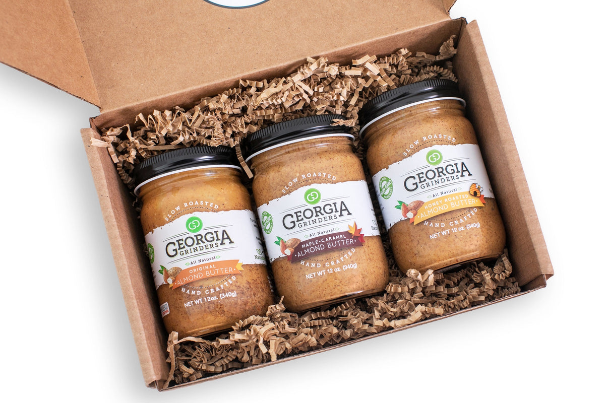 Georgia Grinders Mandelbutter Auswahl: Trio Geschenkbox – 3 Gläser x 12 oz