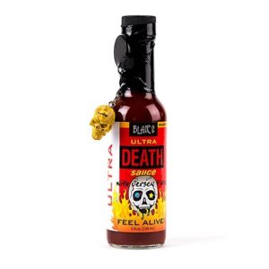 Blair’s Ultra Death Soße mit Jersey-Wurf und mit Totenkopf Schlüsselanhänger