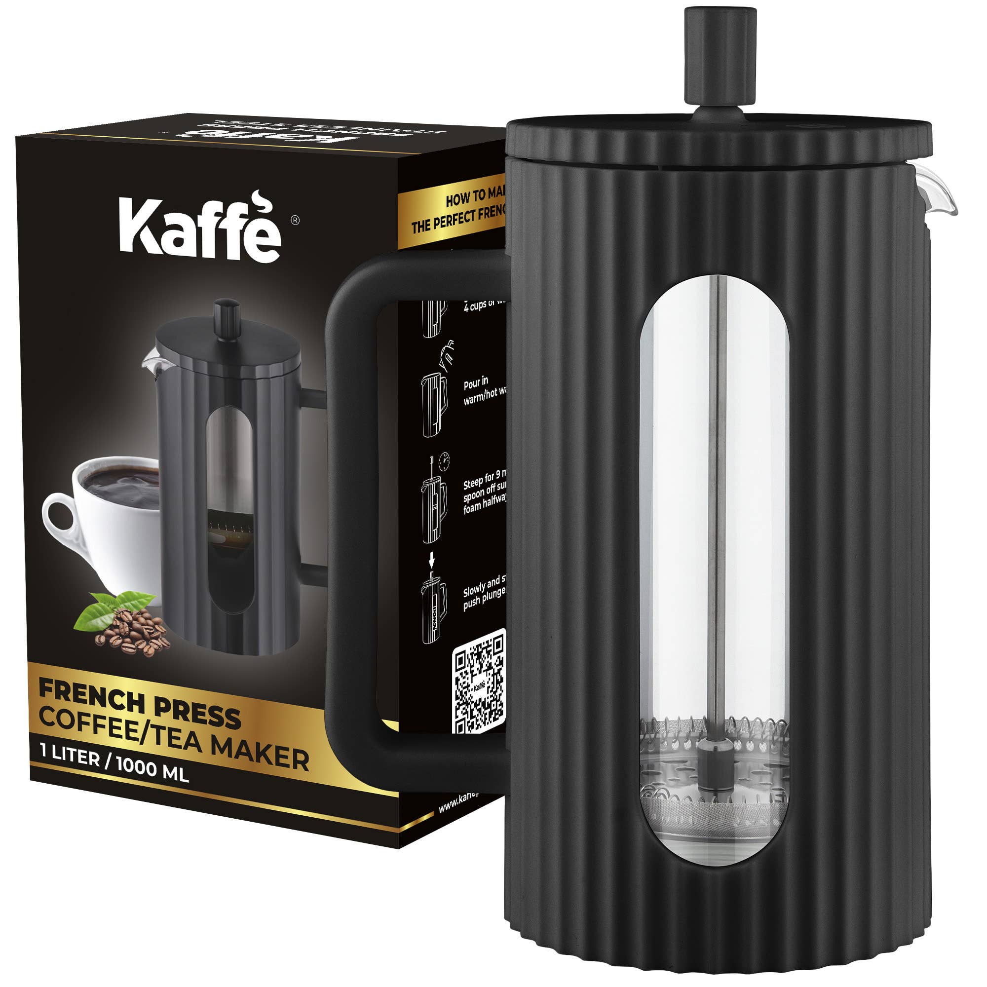 Kaffe groß French Press Kaffeemaschine – 1L Doppelwand Schwarz Design – Perfekt für reichhaltigen Kaffee & Tee