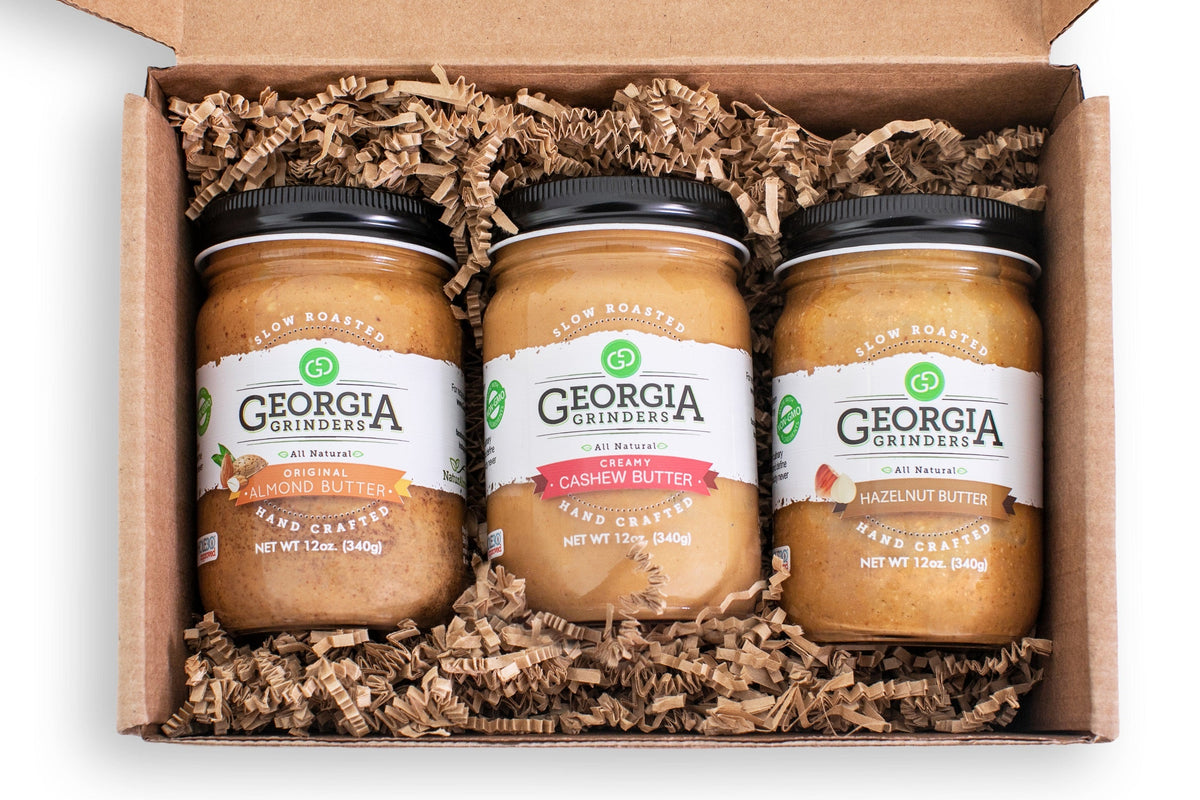 Georgia Grinders Whole30 Zugelassen: Trio Geschenkbox 1 (Haselnuss, Cashew, Mandel) – 3 Gläser x 12 oz