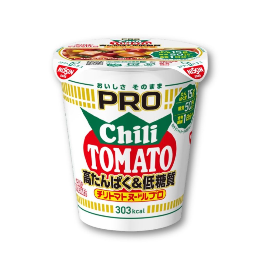 Nissin Cup Noodles PRO – Chili Tomate mit hohem Proteingehalt und niedrigem Kohlenhydratgehalt