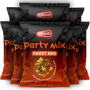 Shwartz Snack Mix süße bbq aromatisierte Partymischung, Popcorn, Brezeln und Kartoffelstäbchen, 1 Unze (Packung mit 8)