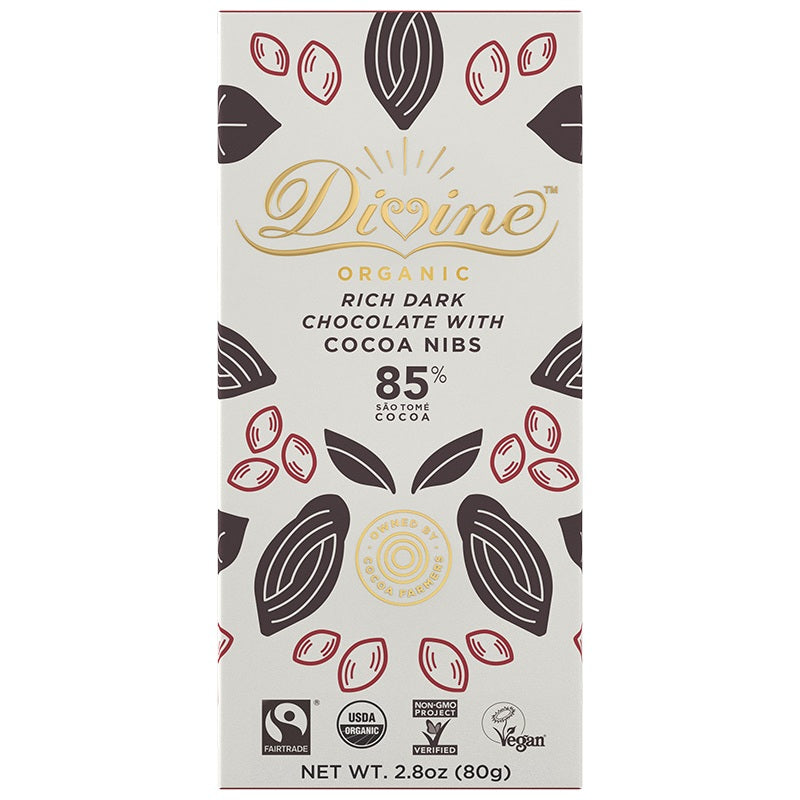 Divine Reiche dunkle Schokolade mit Kakaonibs – 2,8 oz – Packung mit 10 Stück