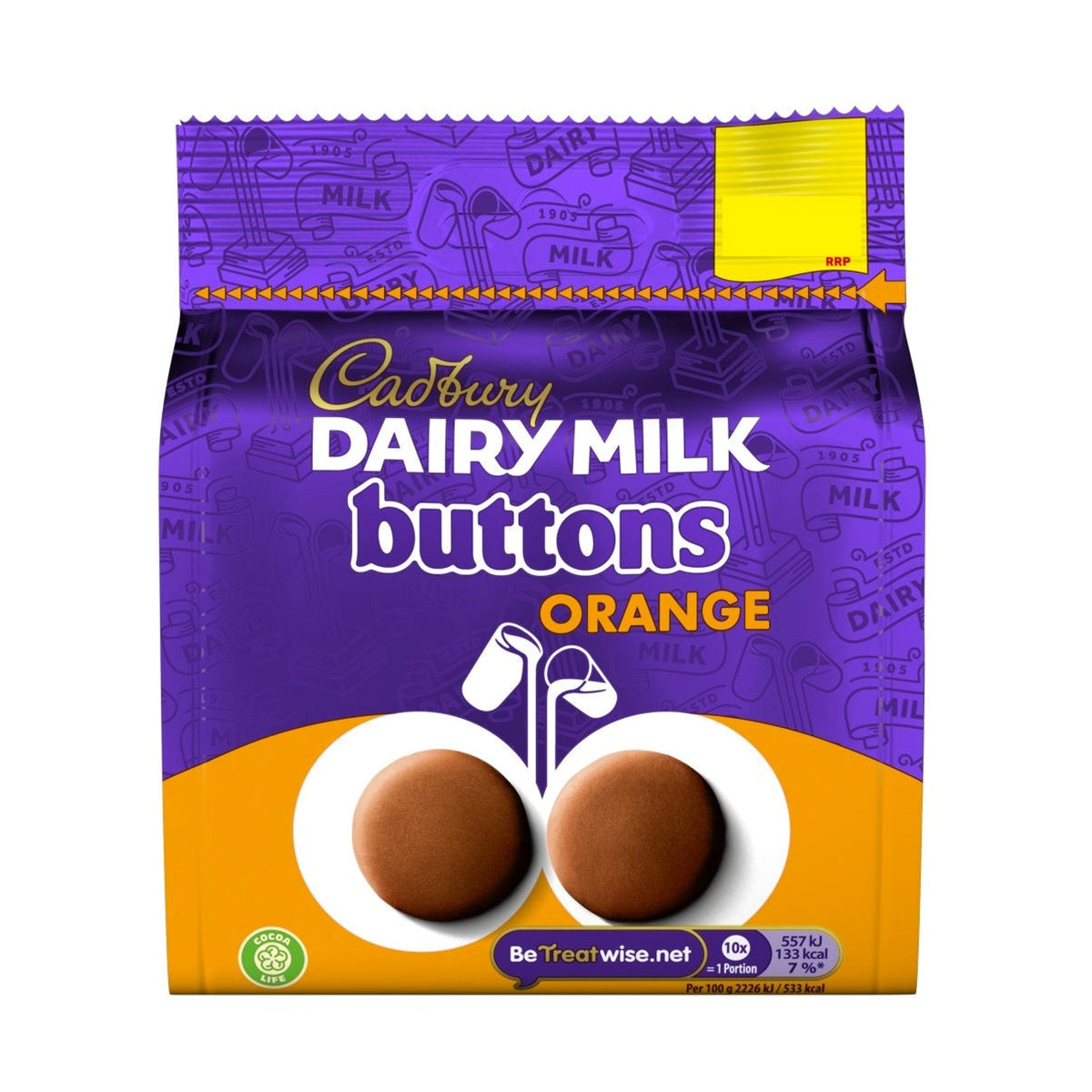 Cadbury Knöpfe Orange 85g VEREINIGTES KÖNIGREICH (Fall von 12)