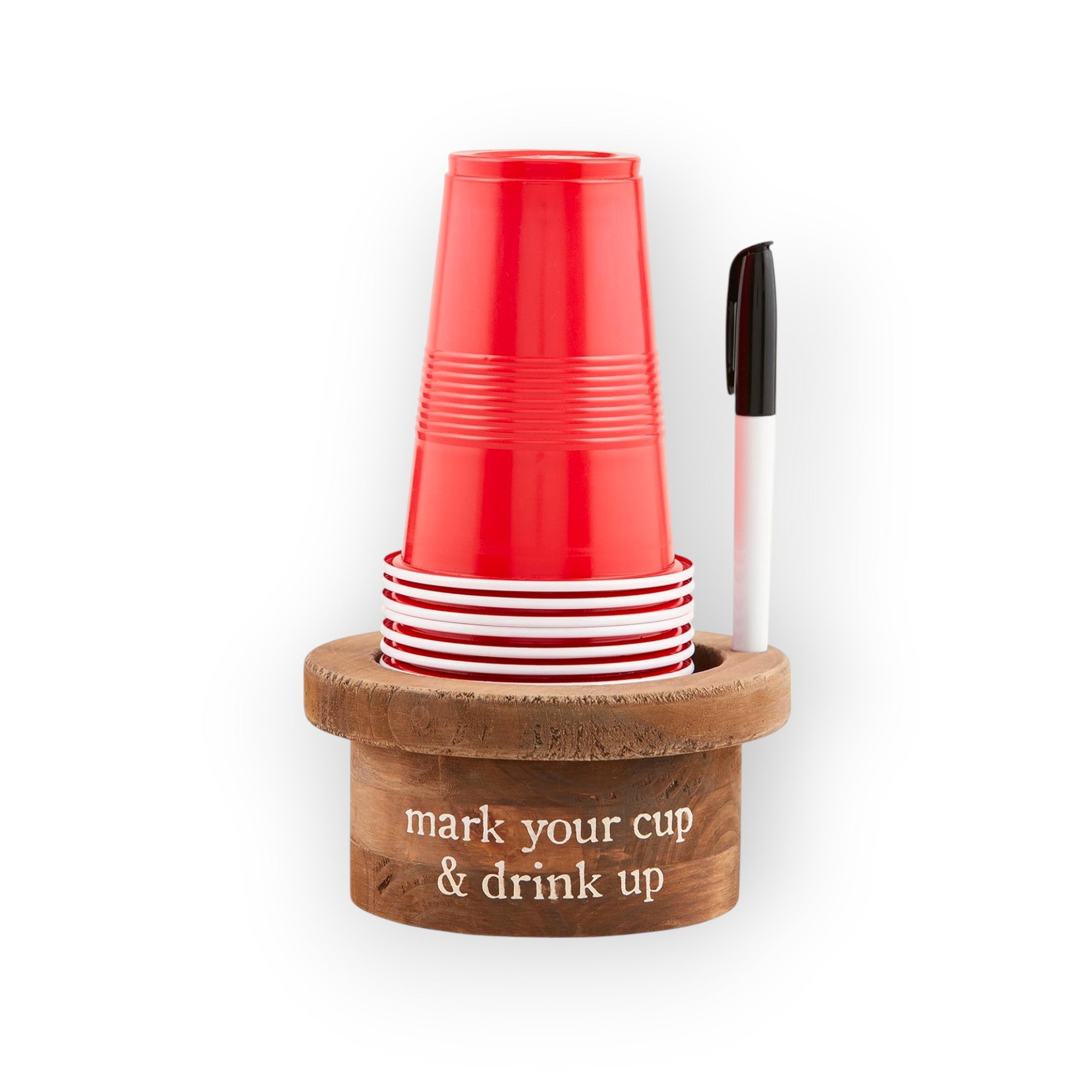 Einweg-Cup & Marker Set mit Holzsockel – 10 Plastikbecher
