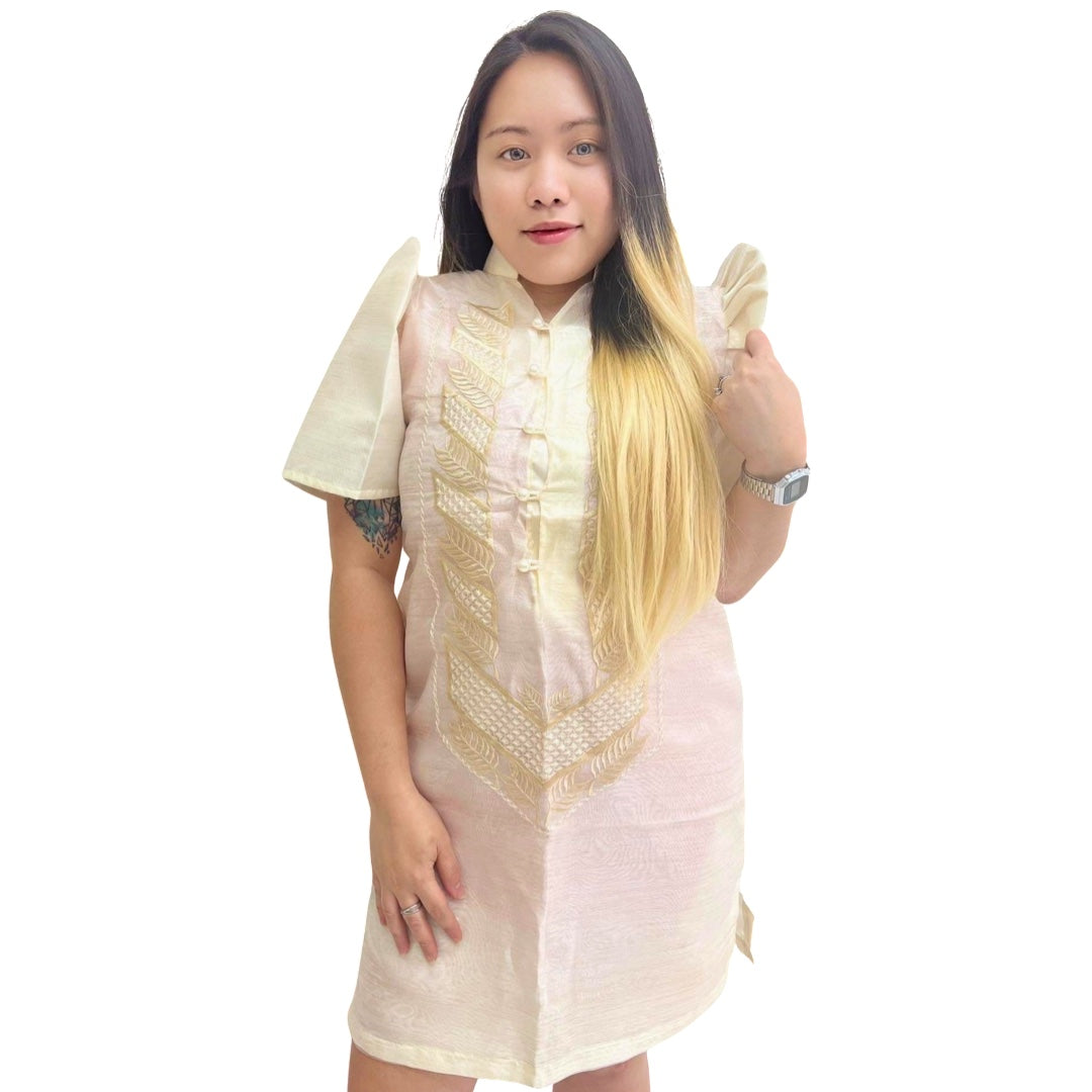 Baro't Saya Filipiniana Tagalog spezielle Doppelfutter mit Piping Braun Blätter Design