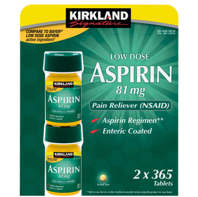 Kirkland Signature Niedrige Dosis Aspirin 81mg, Schmerzmittel (NSAID), enterisch beschichtet, 2 x 365 Tabletten
