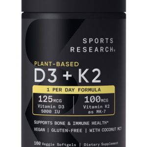 Sportforschung Pflanzenbasiertes Vitamin D3 + K2 Nahrungsergänzungsmittel, 5000 IE, 160 vegane Softgels