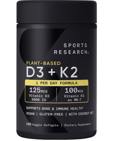 Sportforschung Pflanzenbasiertes Vitamin D3 + K2 Nahrungsergänzungsmittel, 5000 IE, 160 vegane Softgels