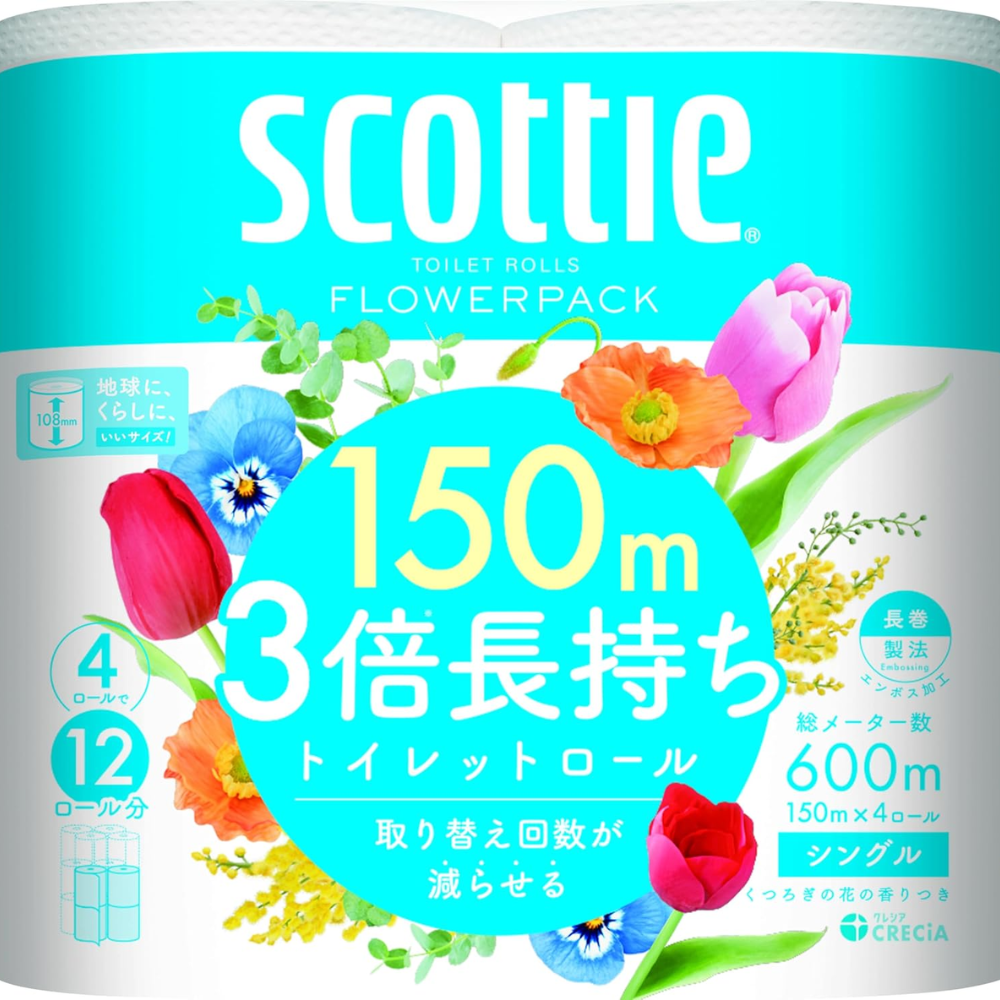 Scotty Flower Packung Triple Length Toilettenpapier 4 Rollen 150m Single – Hergestellt in Japan – Tokyo Sakura Mall