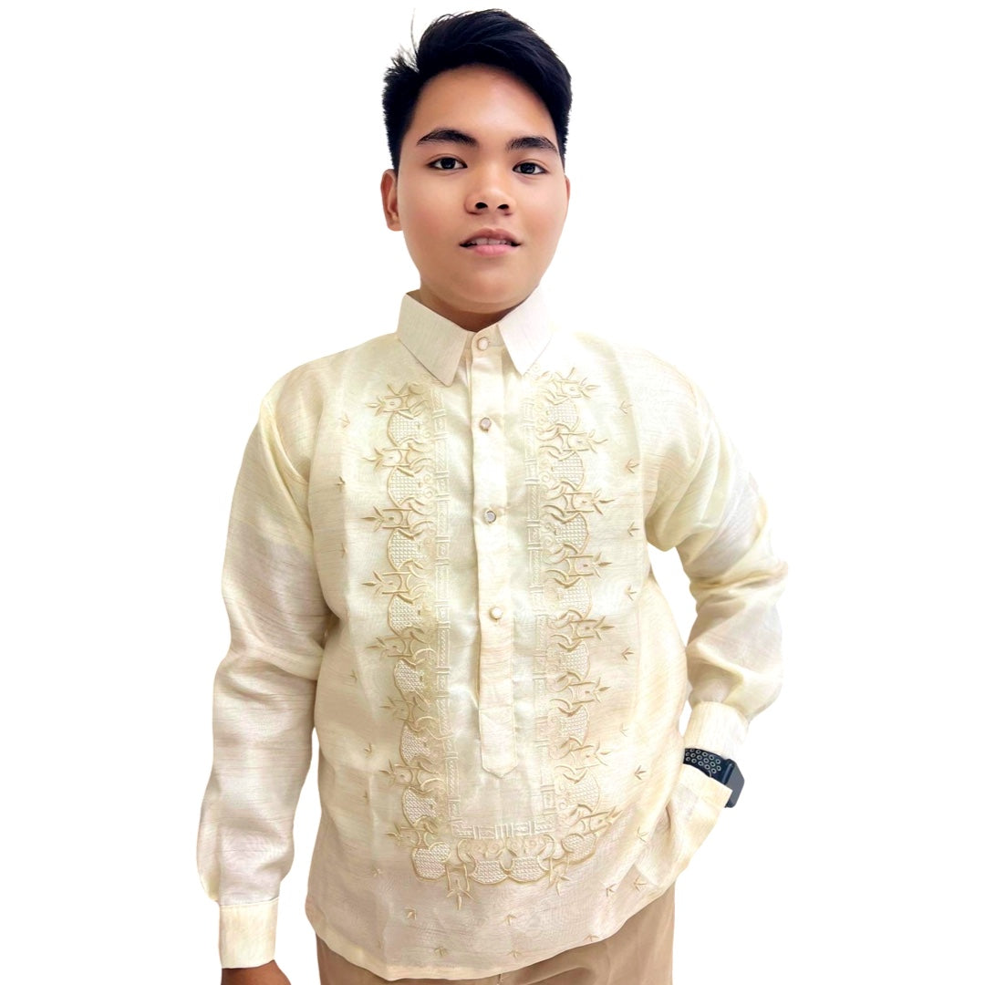 Barong Tagalog spezielle Doppelfutter mit Piping Braun Lagundi Design