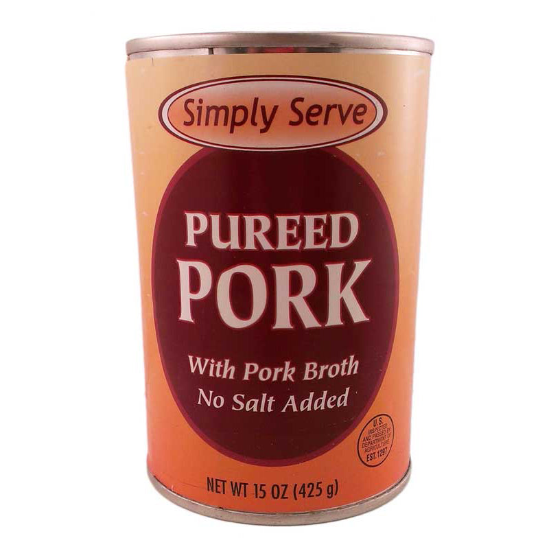 Einfach püriertes Schweinefleisch mit Schweinebrühe servieren, kein Salz hinzugefügt