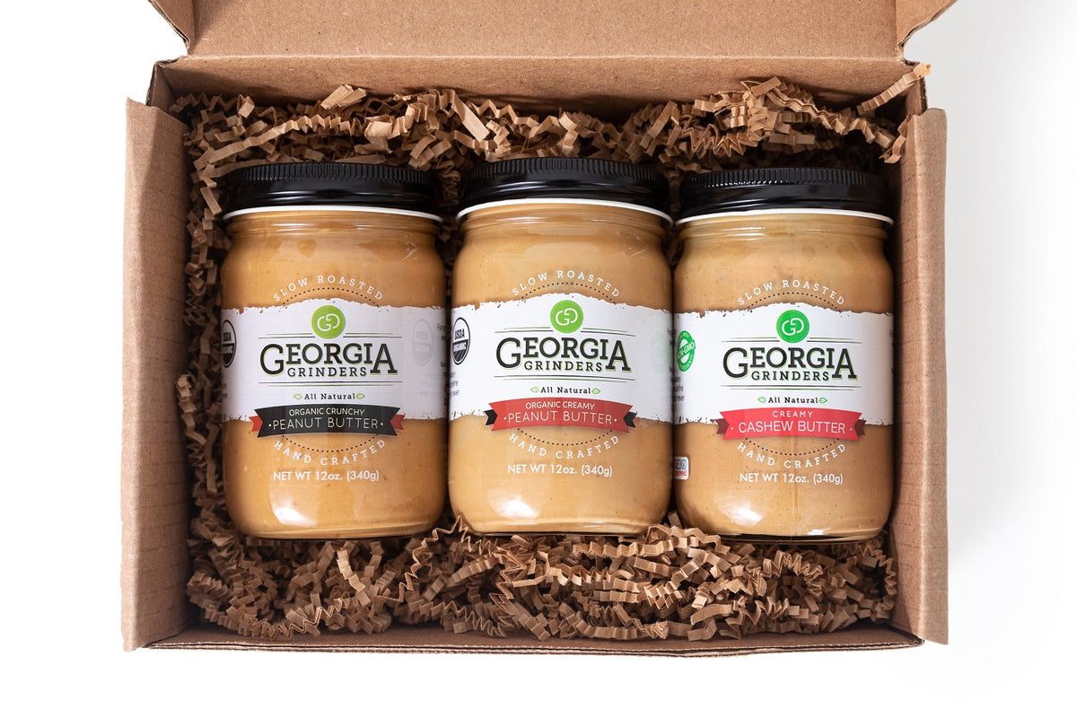 Georgia Grinders Bio Erdnussbutter & Cashewbutter: Trio Geschenkbox - 3 Gläser x 12 oz