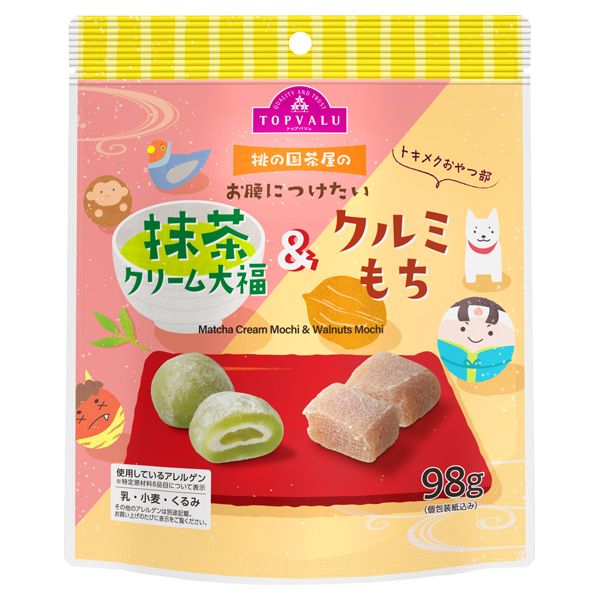 Topvalu, Matcha Creme Mochi & Mochi, Walnuss Mochi, Bissgröße, 98g