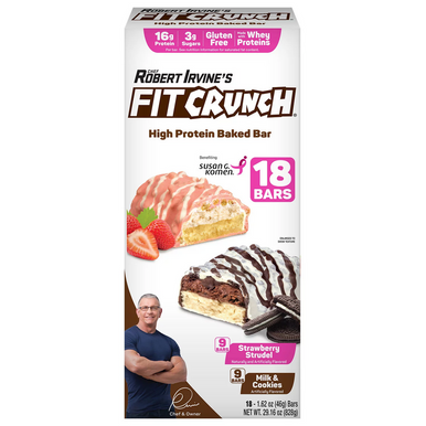 Fit Crunch High Protein Gebackene Riegel, Erdbeer Strudel und Milch & Kekse Sortenpaket, 16g Protein, 18 Stück