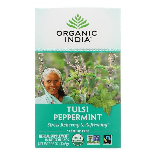 Organic India Tulsi Pfefferminz Kräutertee, 18 Beutel – Packung mit 6