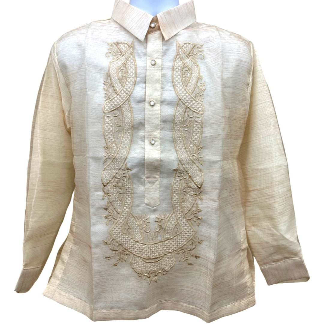 Barong Tagalog spezielle Doppelfutter mit Piping Braun Sun Scale Design