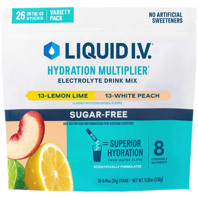 Liquid Iv Zuckerfreie Zitrone Limette, weißer Pfirsich, Elektrolyte Hydration Multiplikator, 26 Stück