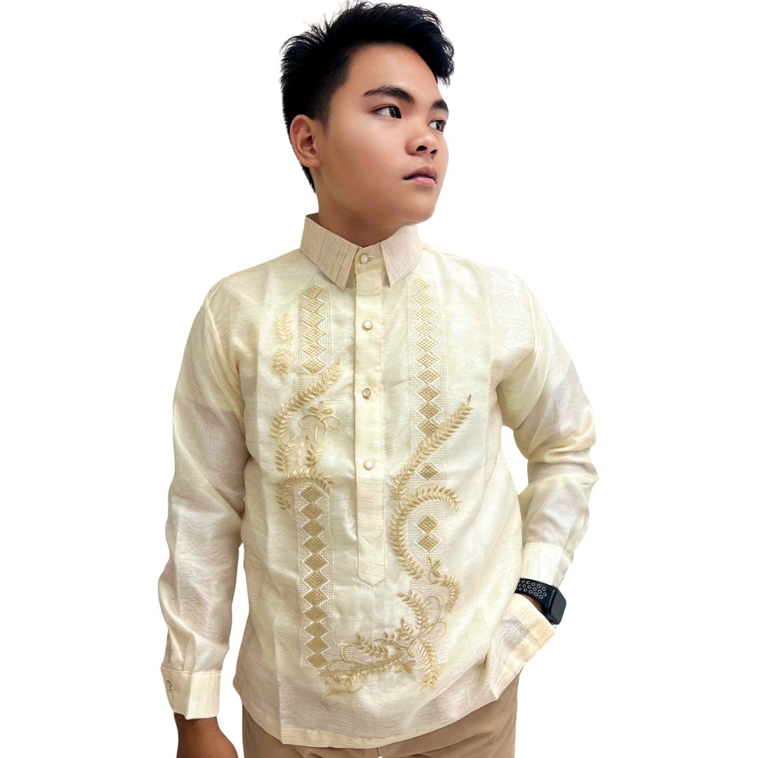 Barong Tagalog spezielle Doppelfutter mit Piping Braun Abaca Blätter Bayong Design