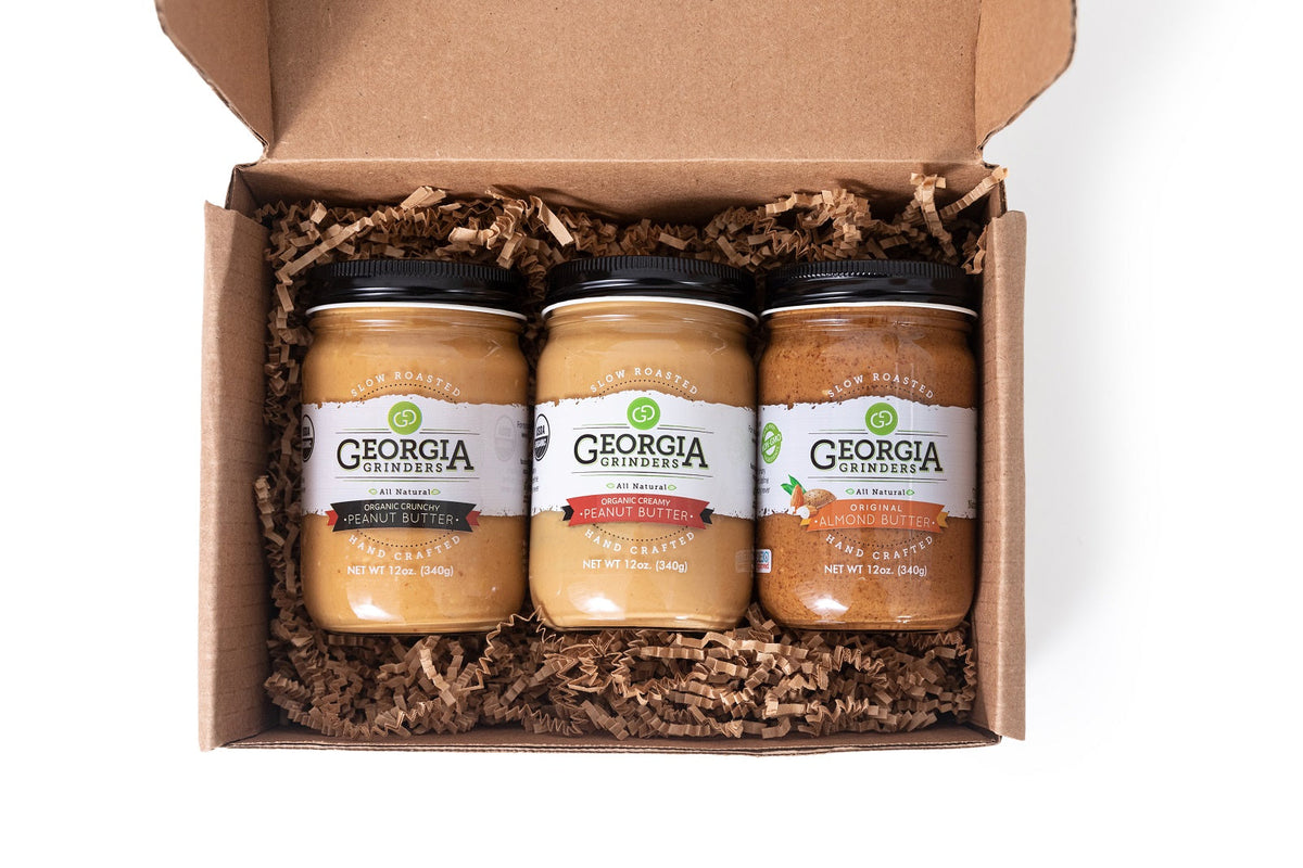 Georgia Grinders Bio Erdnussbutter & Mandelbutter: Trio Geschenkbox - 3 Gläser x 12 oz