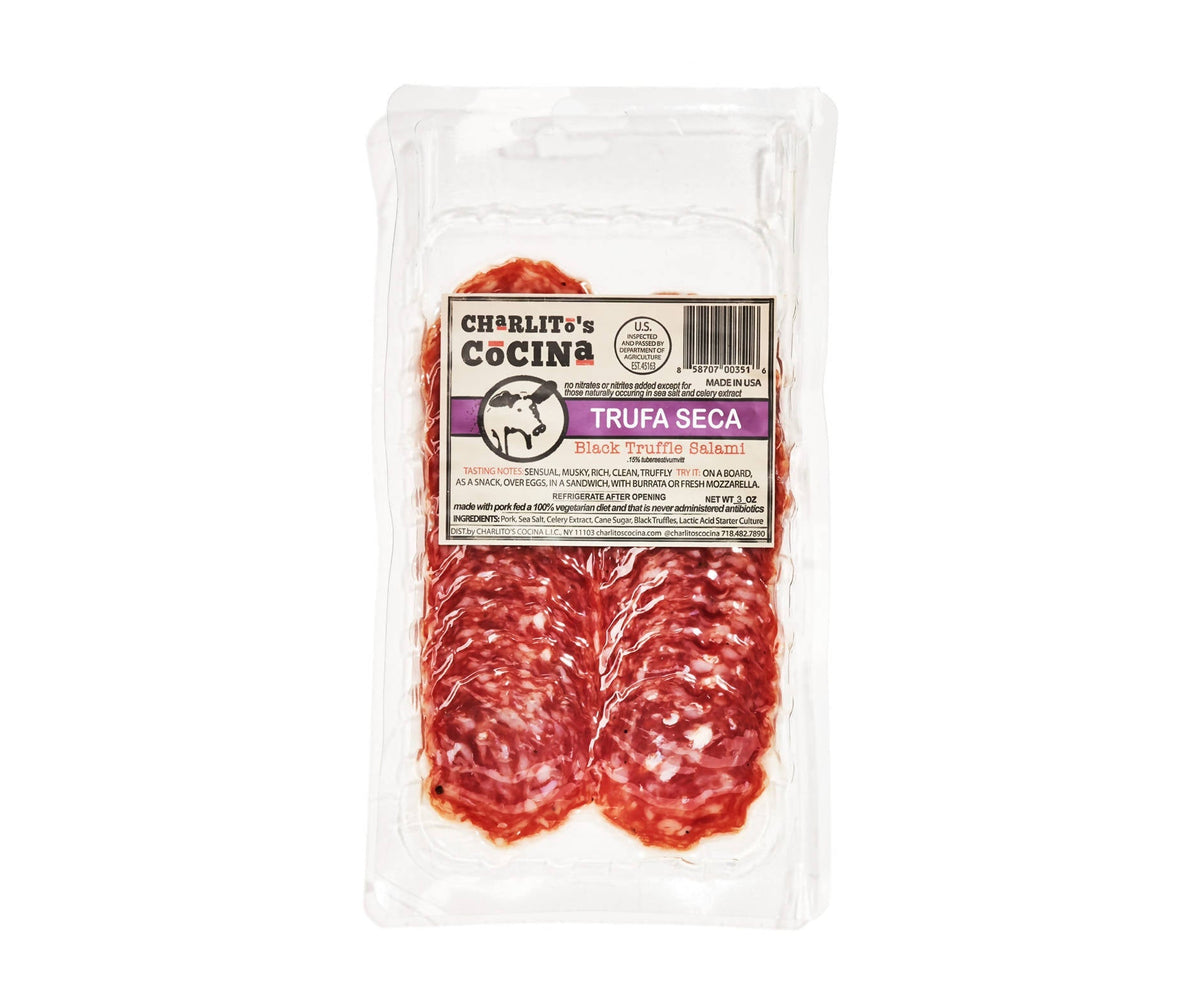 Charlito's Cocina Trufa Seca – Trocken gehärtete schwarze Trüffelsalami (Presliced) – 15 x 3oz