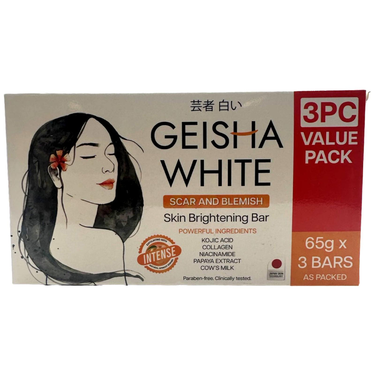 Geisha Weiß – INTENSE – Narbe und Makel – Seifenstange – 3er Packung – 195 G