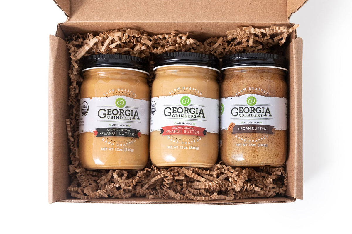 Georgia Grinders Bio Erdnussbutter & Pekannuss Butter: Trio Geschenkbox - 3 Gläser x 12 oz