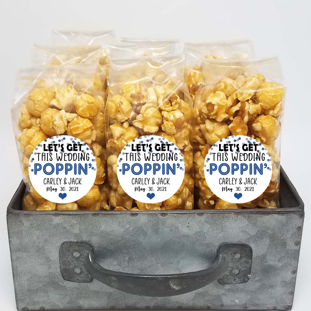 “Get this Wedding Poppin” Dunkelblau und Silber – Hochzeit Popcorn Gefälligkeiten