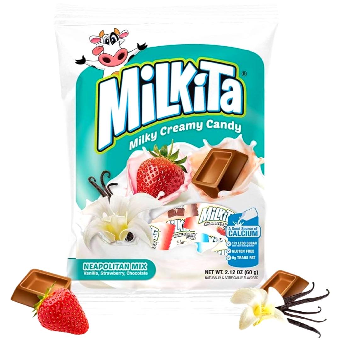 Milkita – Milky Creamy Süßigkeiten Neopolitan Mischung – Vanille / Erdbeere / Schokolade – 60 G
