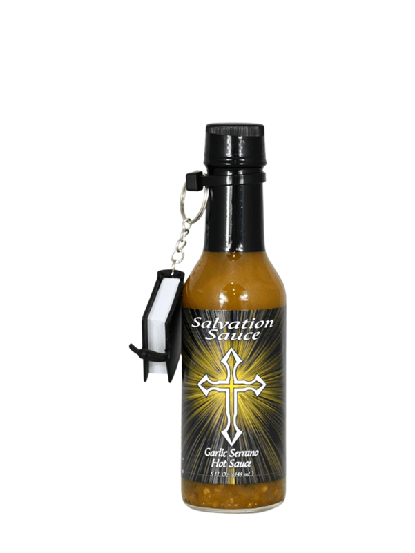 Chilisauce Salvation Sauce Knoblauch Serrano mit Mini Bibel Schlüsselanhänger 5oz
