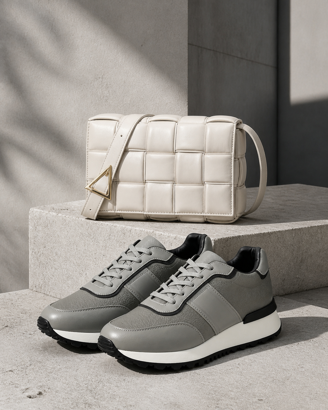 Ivory woven bag and gray retro running shoes