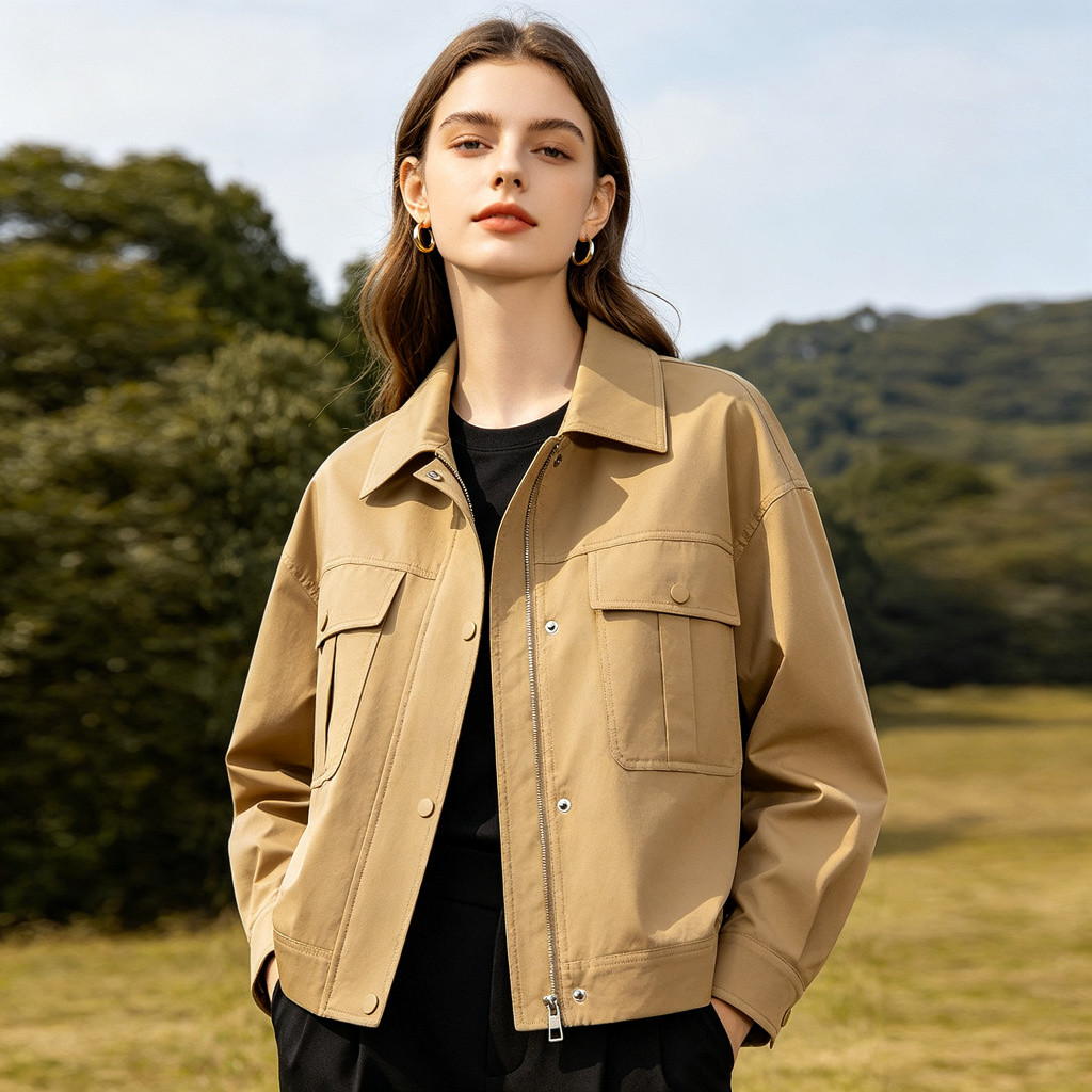 Model wearing a khaki utility jacket